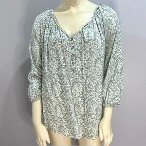 Carole Little linen blend sage green and white print top size small
